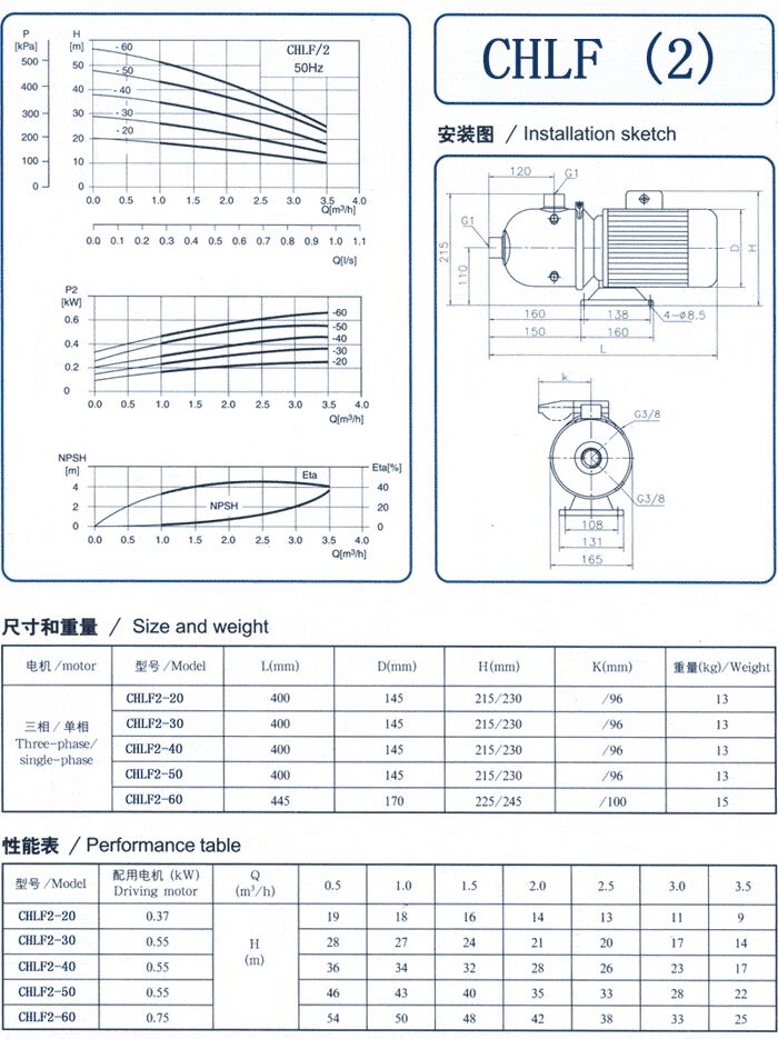 CHLF輕型立式不銹鋼多級(jí)離心泵安裝圖、尺寸、性能
